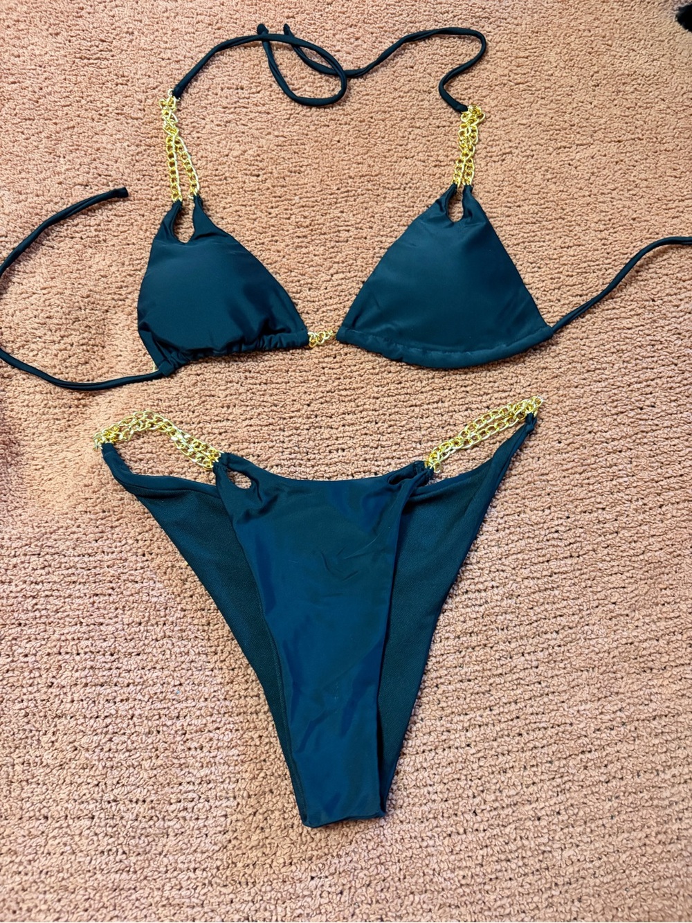 Black Triangle Bikini with Gold Chain Accents - Women Swim
